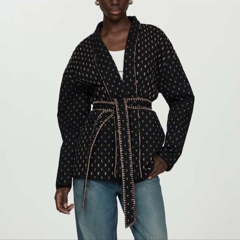 Mango Black and Cream Belted Jacket
